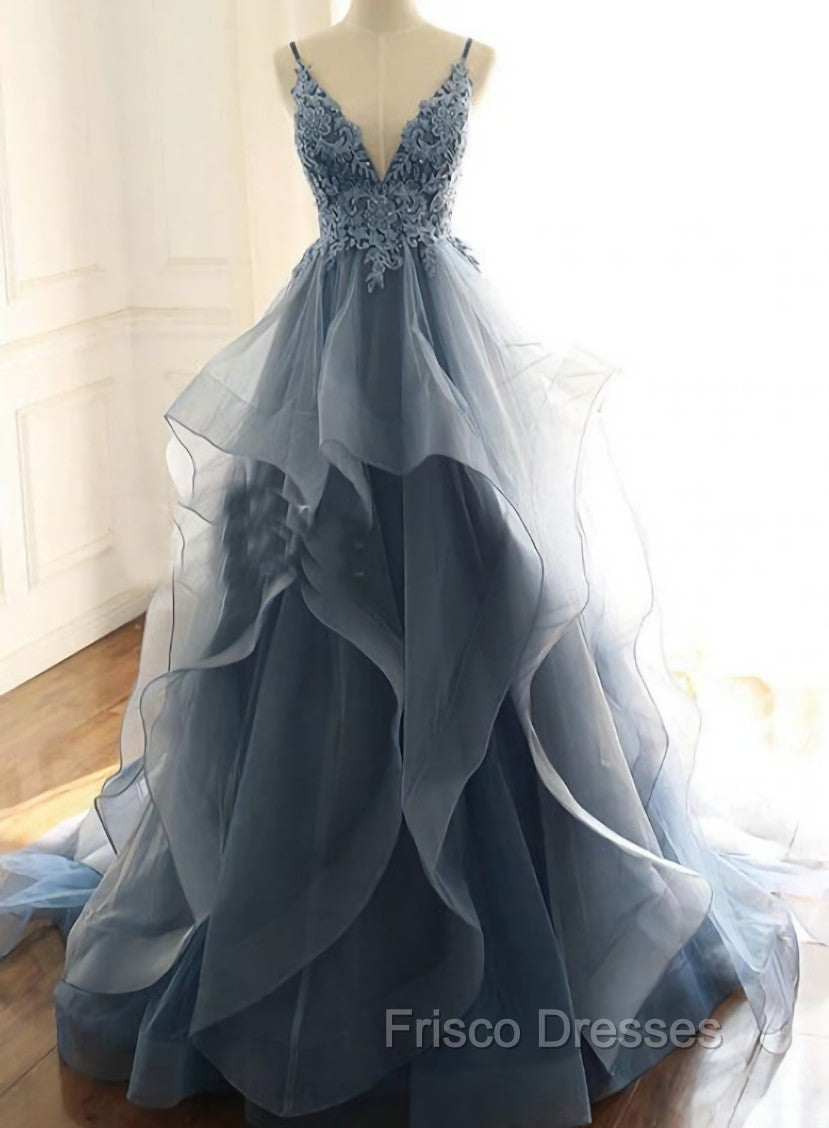 Blue Lace Top with Layers Tulle Formal Prom Dress, New Straps Evening Gown
