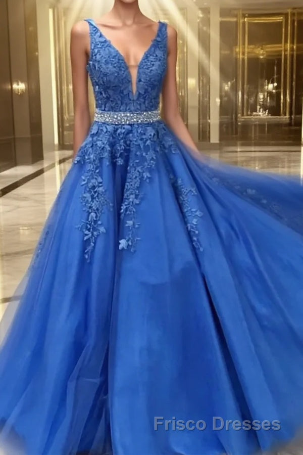 Blue lace tulle long Formal Prom Dresses, blue tulle lace evening Dresses