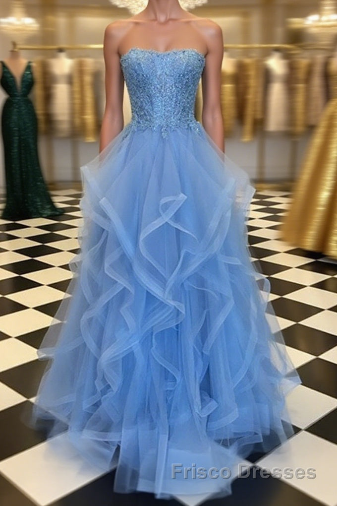 Blue Lace Tulle Long Formal Prom Dresses, Blue Lace Ball Gown, Blue Lace Formal Dresses, Evening Dresses Main image