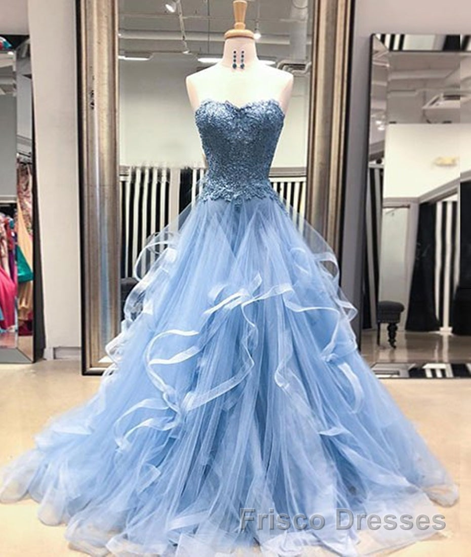 Blue Lace Tulle Long Formal Prom Dresses, Blue Lace Ball Gown, Blue Lace Formal Dresses, Evening Dresses