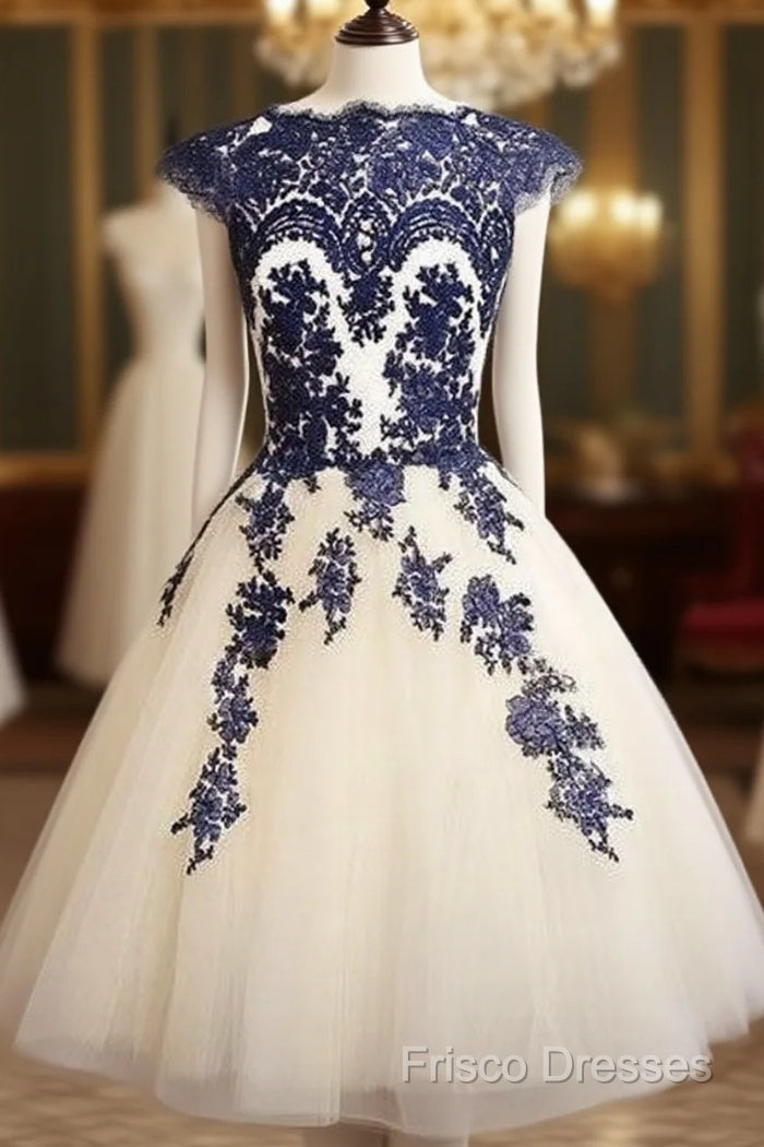 Blue Lace Tulle Short Formal Prom Dress, Homecoming Dress, Bridesmaid Dress