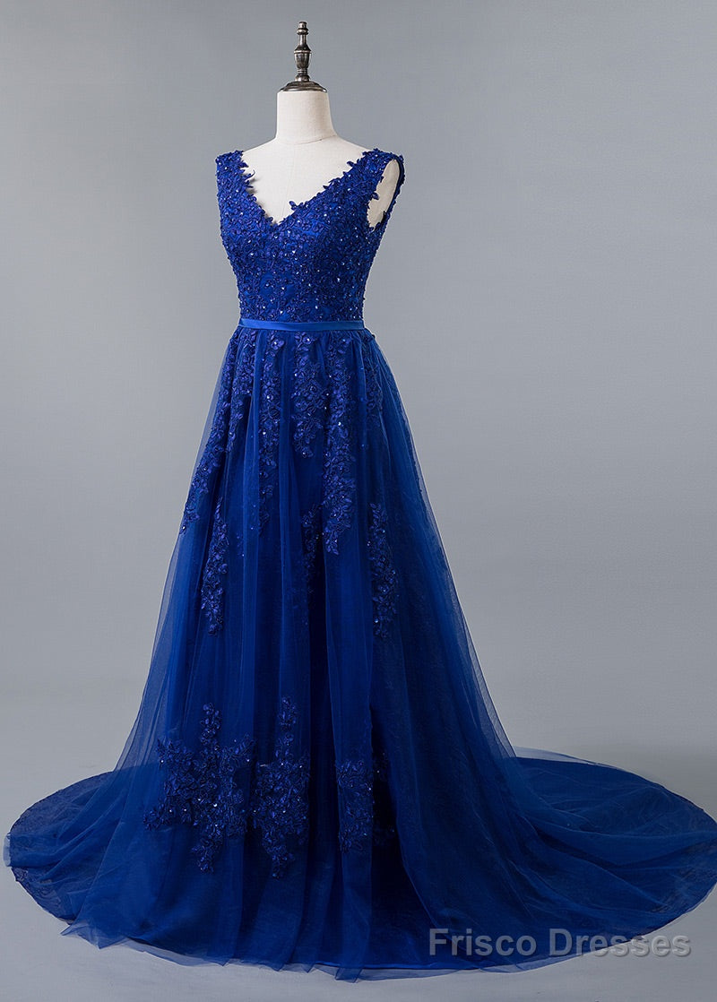 Blue Lace V-Neck A-Line Prom Dress With Beaded Lace Appliques & Belt Secondary image