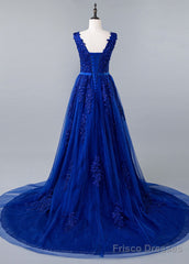 Blue Lace V-Neck A-Line Prom Dress With Beaded Lace Appliques & Belt