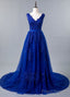 Blue Lace V-Neck A-Line Prom Dress With Beaded Lace Appliques & Belt