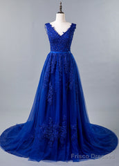 Blue Lace V-Neck A-Line Prom Dress With Beaded Lace Appliques & Belt