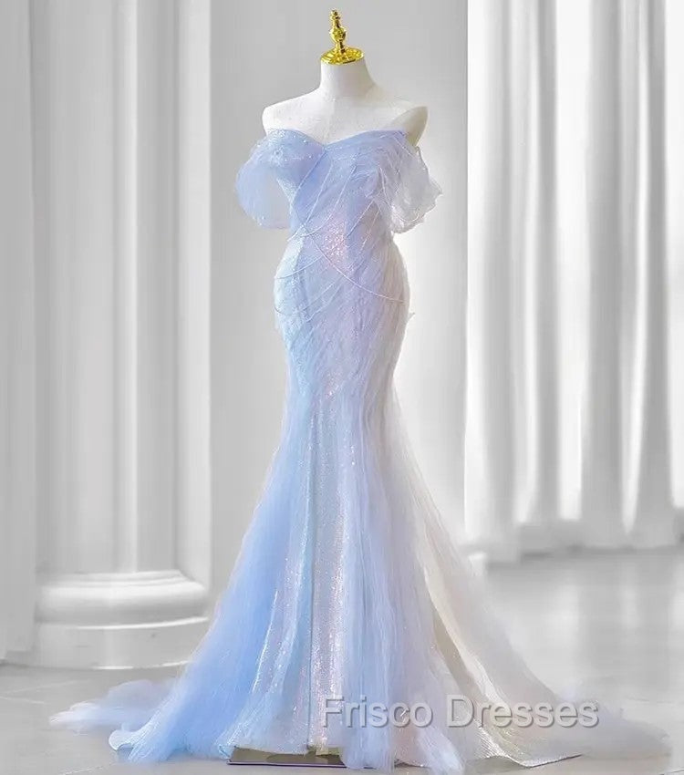 Blue Laser Sequin Beaded Mermaid Women Evening Dress with Puff Sleeves Tassel Pearls Tulle Train Formal Prom Gown