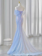 Blue Laser Sequin Beaded Mermaid Women Evening Dress with Puff Sleeves Tassel Pearls Tulle Train Formal Prom Gown