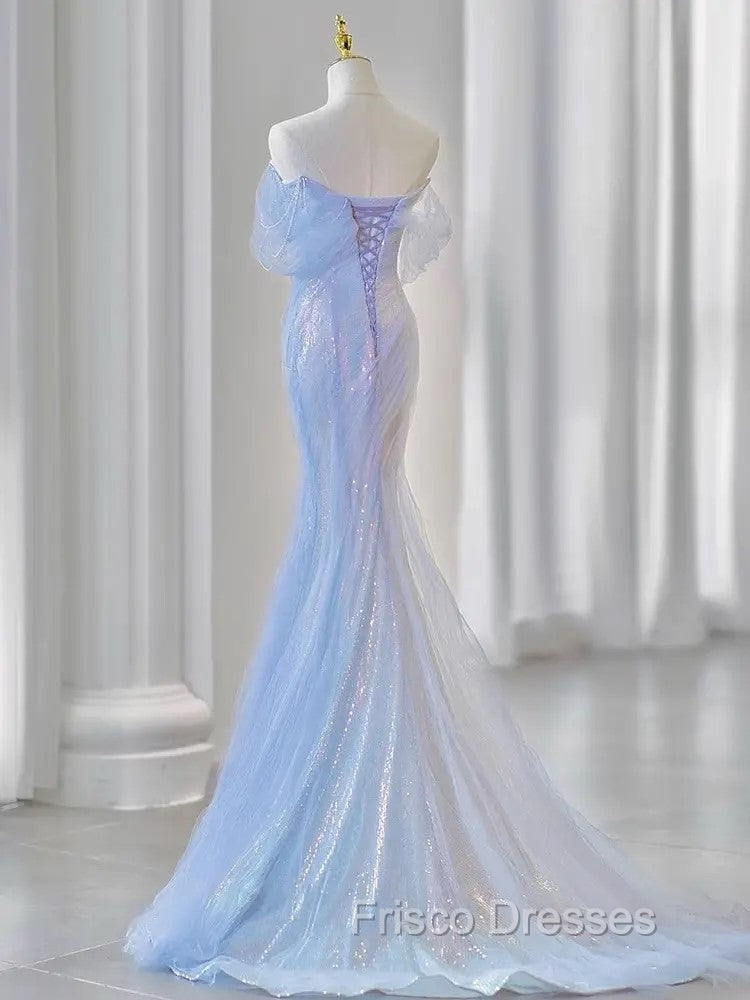 Blue Laser Sequin Beaded Mermaid Women Evening Dress with Puff Sleeves Tassel Pearls Tulle Train Formal Prom Gown