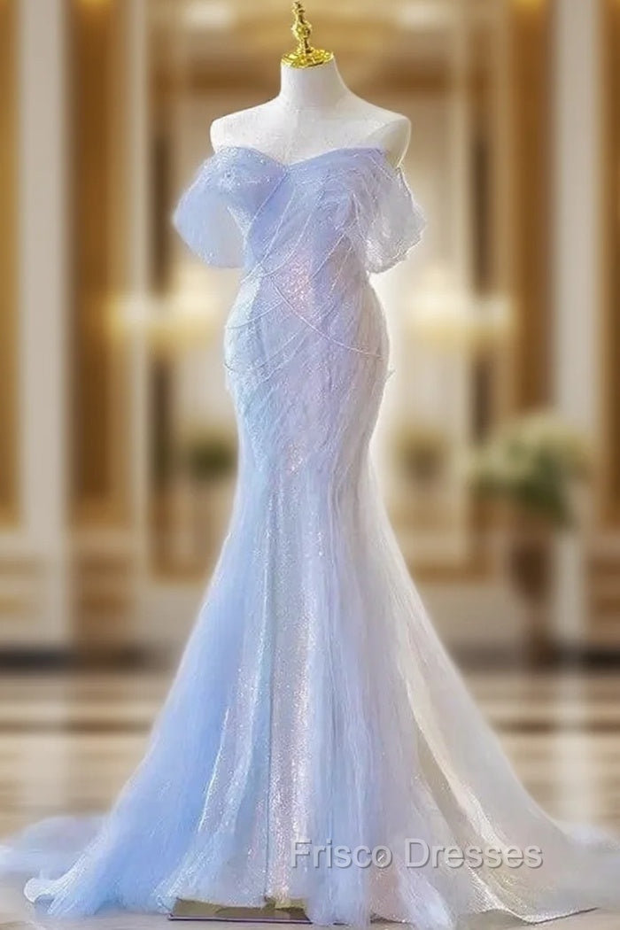 Blue Laser Sequin Beaded Mermaid Women Evening Dress with Puff Sleeves Tassel Pearls Tulle Train Formal Prom Gown Main image