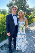 Blue Elegant A-Line Layered Chiffon Floral Backless Long Ball Gown Evening Dress Prom Dress Graduation Dress