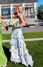 Blue Elegant A-Line Layered Chiffon Floral Backless Long Ball Gown Evening Dress Prom Dress Graduation Dress