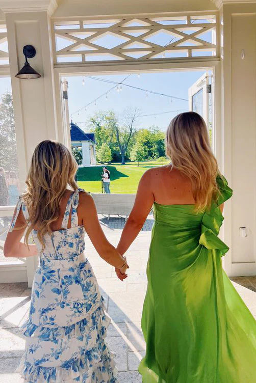 Blue Elegant A-Line Layered Chiffon Floral Backless Long Ball Gown Evening Dress Prom Dress Graduation Dress