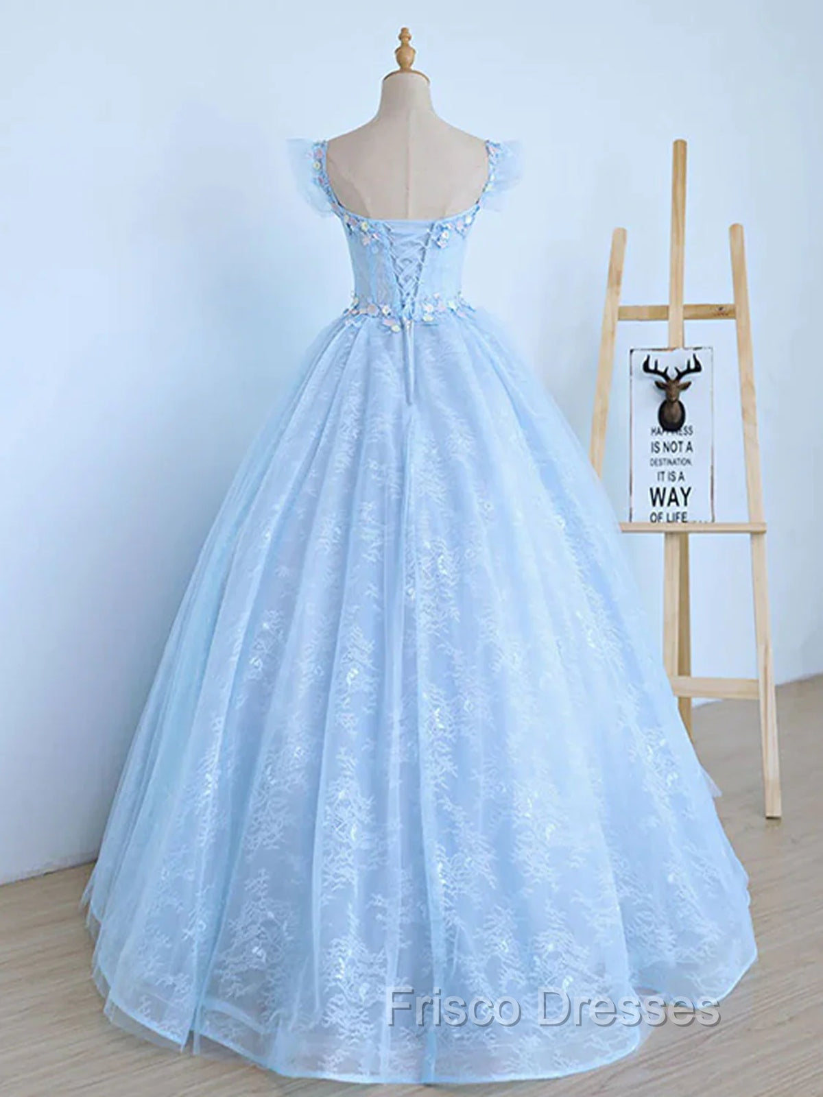 Blue Long Lace Floral Formal Prom Dress, Long Blue Lace Formal Evening Dress with Flowers Secondary image