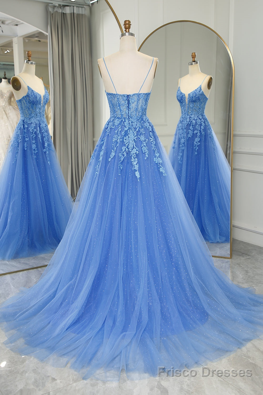 Blue Long Prom Dress Cheap A-Line Formal Dress Tulle With Appliques Secondary image