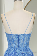 Blue Long Prom Dress Cheap A-Line Formal Dress Tulle With Appliques