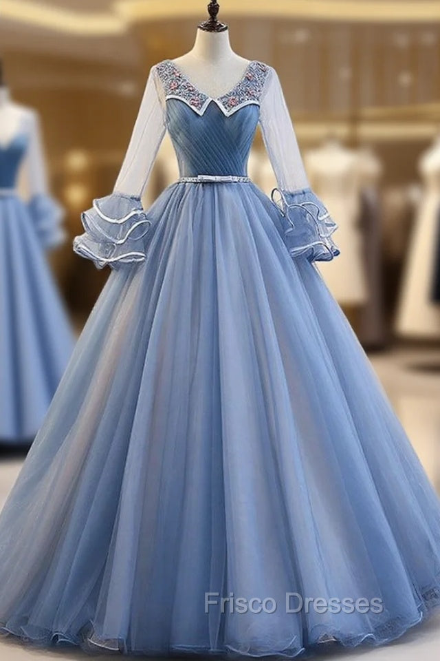 Blue Long Sleeve Tulle Pleats Beading Quinceanera Dress