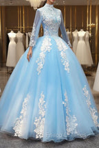 Blue Long Sleeves lace Tulle Sweet 16 Dress, Light Blue Ball Gown Formal Dress, Party Dress