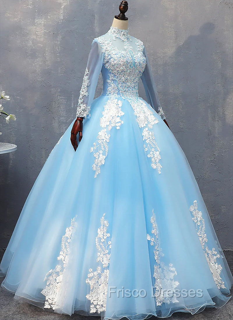 Blue Long Sleeves lace Tulle Sweet 16 Dress, Light Blue Ball Gown Formal Dress, Party Dress Main image