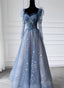 Blue Long Sleeves Sweetheart Beaded Tulle Formal Dress, Blue A-line Prom Dress