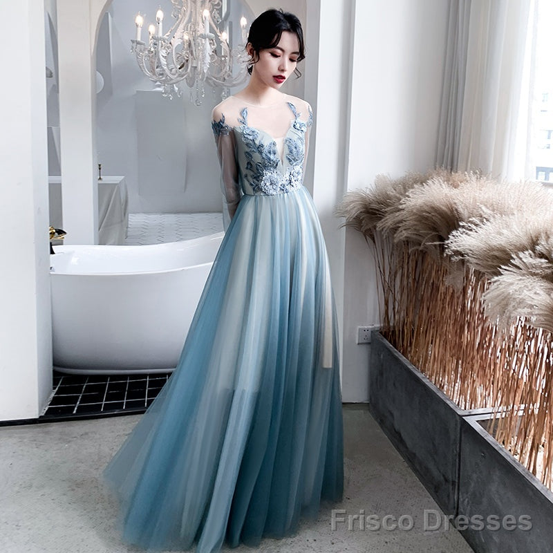 Blue Long Sleeves Tulle Party Dress With Lace Applique, Blue Evening Dress Prom Dresses Secondary image