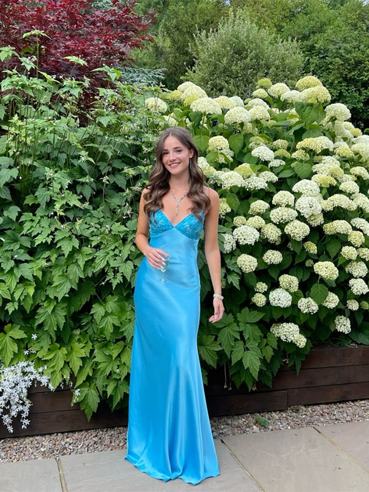 Blue Long Straps Sweetheart Party Dress Formal Dress, Blue Satin Evening Dress Main image