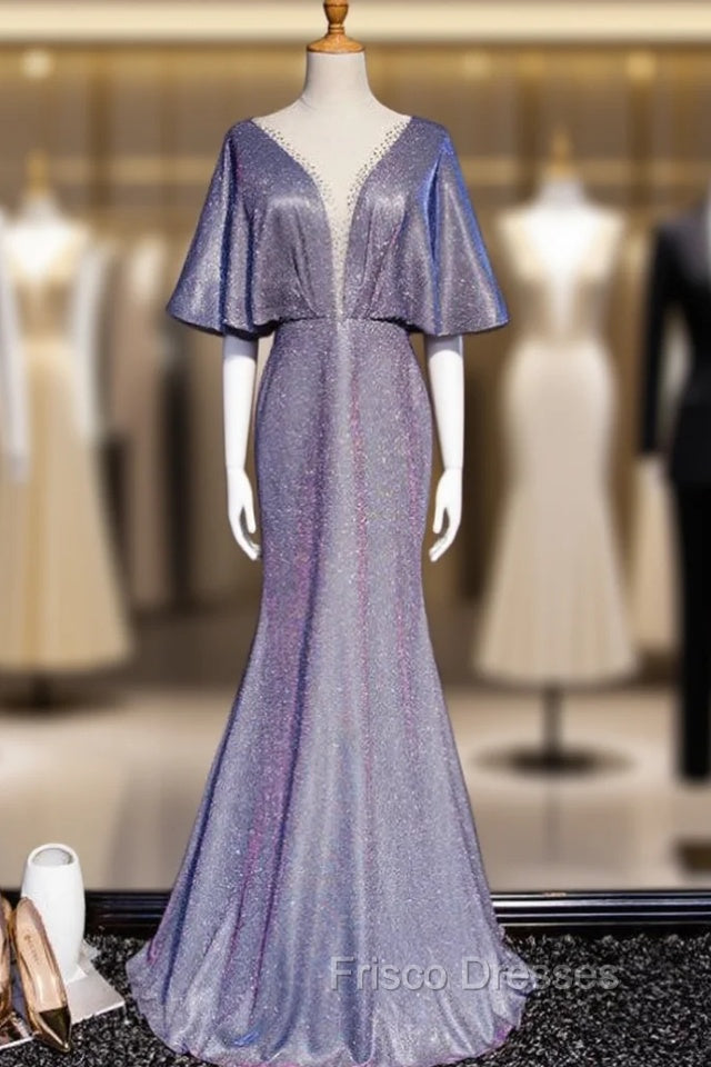 Blue Mermaid Bat Sleeve Beading Formal Prom Dress