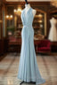 Blue Mermaid Halter Pleats Pearls Formal Prom Dress