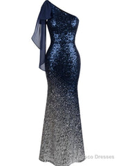 Blue Mermaid One Shoulder Sequins Bridesmaid Dress