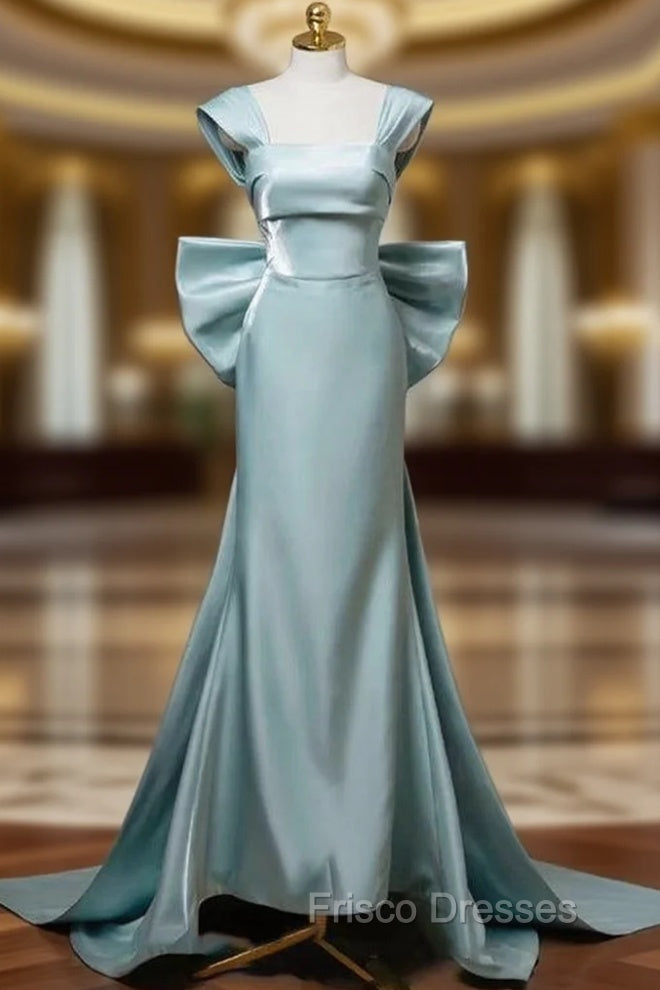 Blue Mermaid Satin Bow Formal Prom Dress