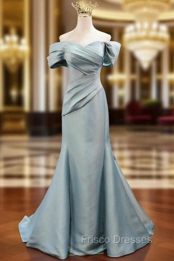 Blue Mermaid Satin Off the Shoulder Pleats Formal Prom Dress Main image