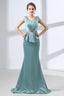 Blue Mermaid Satin V-neck Backless Prom Dresses With Sash
