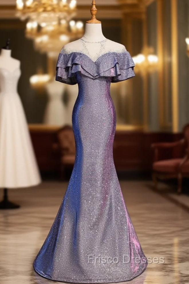 Blue Mermaid Scoop Short Sleeve Beading Formal Prom Dress Main image