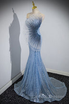 Blue Mermaid Sequin Sheer Straps Scalloped Long Formal Prom Dress