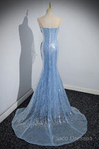 Blue Mermaid Sequin Sheer Straps Scalloped Long Formal Prom Dress