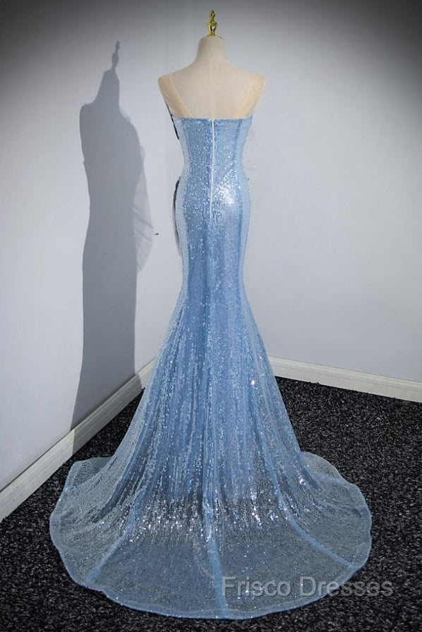 Blue Mermaid Sequin Sheer Straps Scalloped Long Formal Prom Dress
