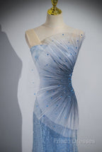 Blue Mermaid Sequin Sheer Straps Scalloped Long Formal Prom Dress