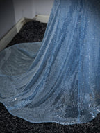 Blue Mermaid Sequin Sheer Straps Scalloped Long Formal Prom Dress