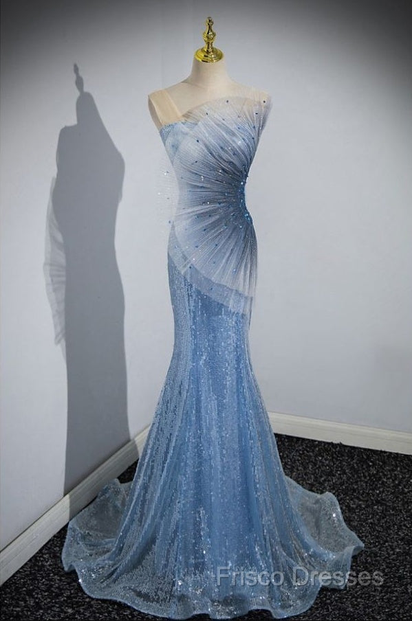Blue Mermaid Sequin Sheer Straps Scalloped Long Formal Prom Dress