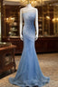 Blue Mermaid Sequin Sheer Straps Scalloped Long Formal Prom Dress