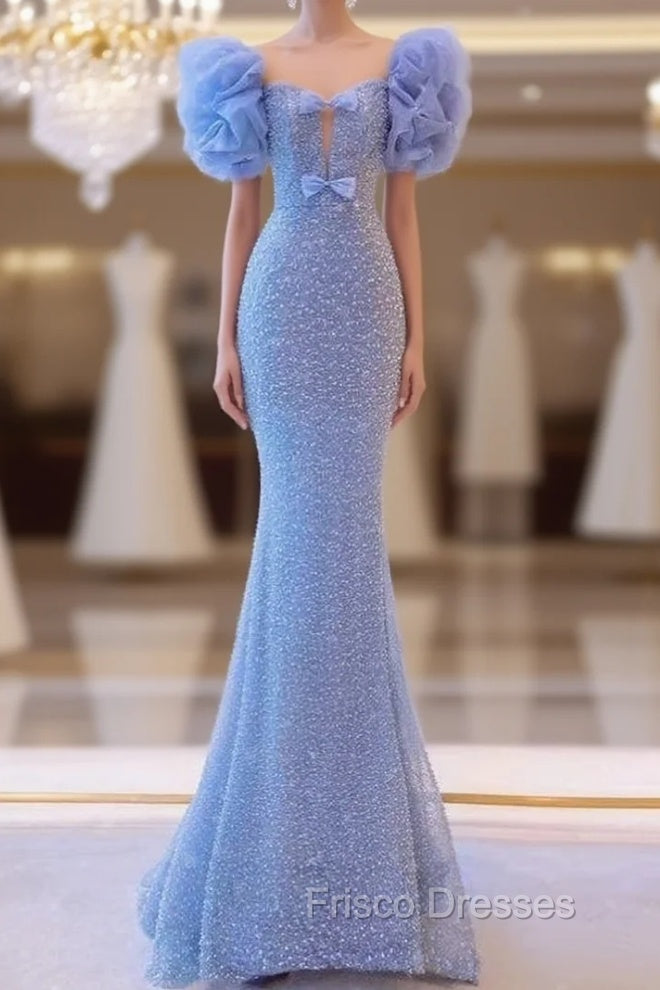Blue Mermaid Sequins Bow Formal Prom Dress