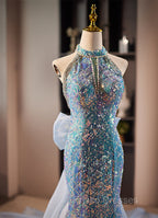 Blue Mermaid Sequins Halter Long Party Dress with Bow, Blue Sequins Formal Prom Dress