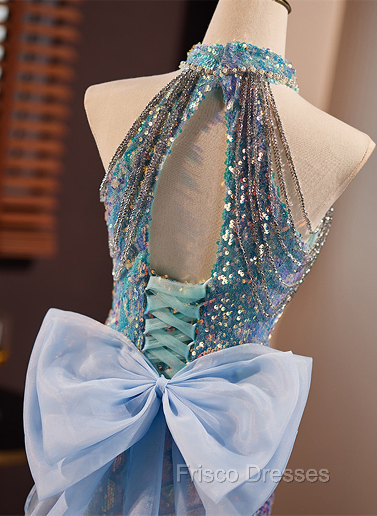 Blue Mermaid Sequins Halter Long Party Dress with Bow, Blue Sequins Formal Prom Dress