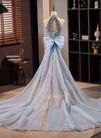 Blue Mermaid Sequins Halter Long Party Dress with Bow, Blue Sequins Formal Prom Dress