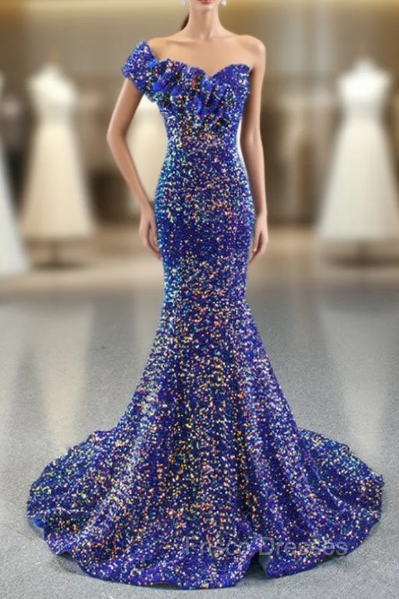 Blue Mermaid Sequins One Shoulder Ruffles Formal Prom Dress Main image