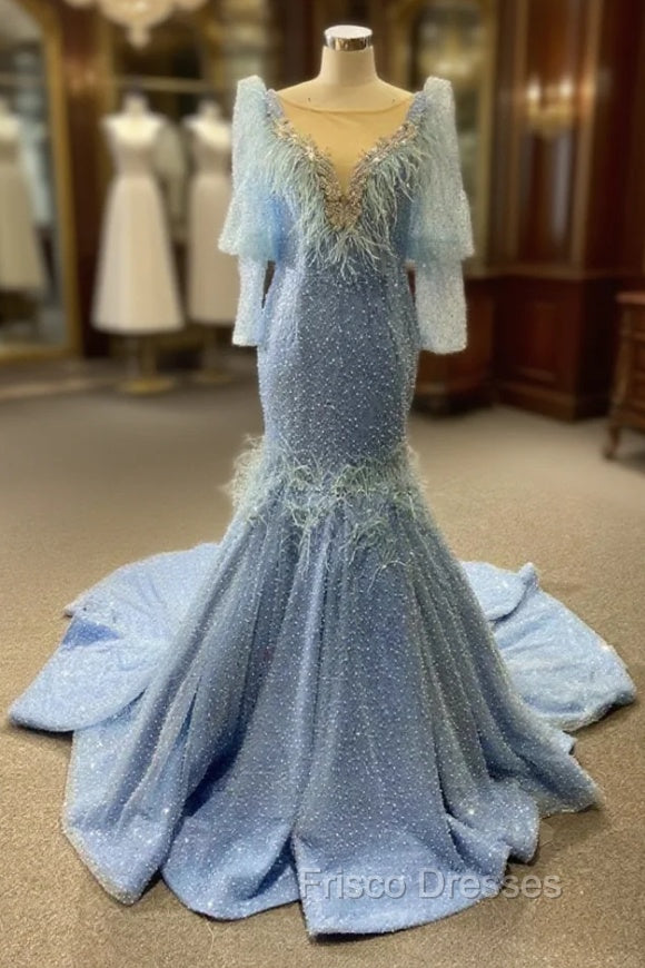 Blue Mermaid Sequins Pearls Long Sleeve Formal Prom Dress Main image