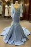 Blue Mermaid Sequins Pearls Long Sleeve Formal Prom Dress