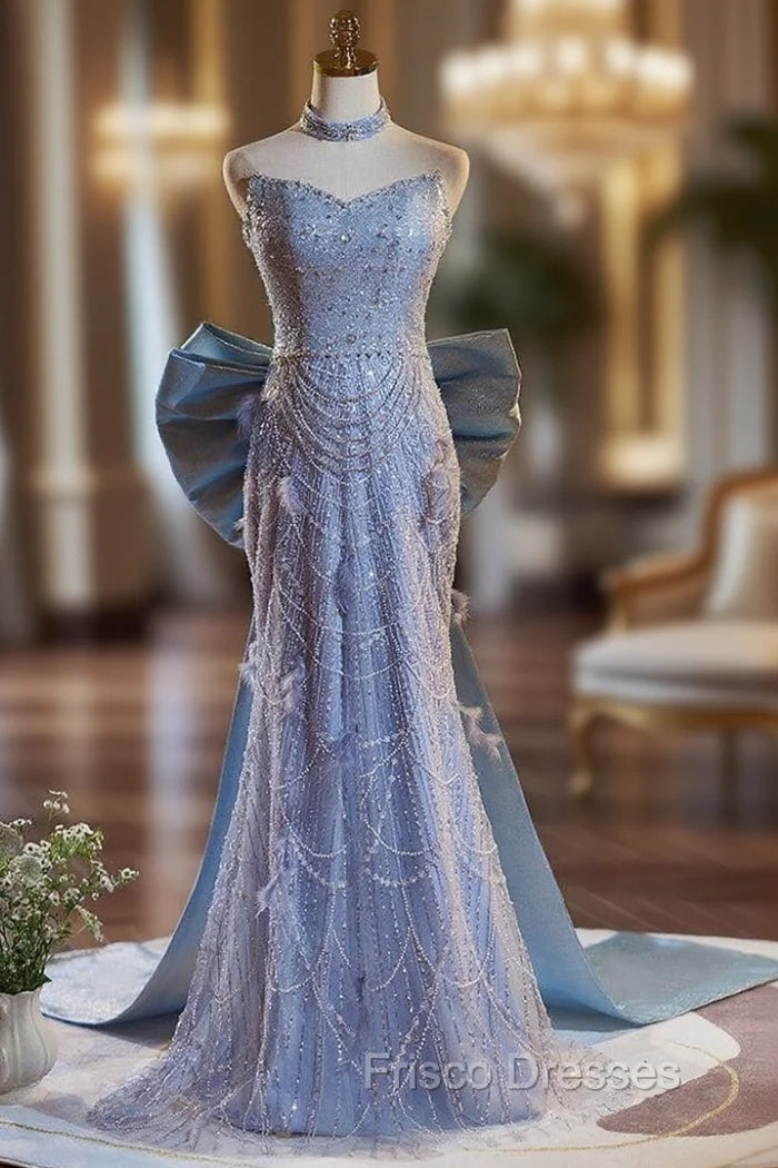 Blue Mermaid Sequins Pearls Formal Prom Dress With Bow