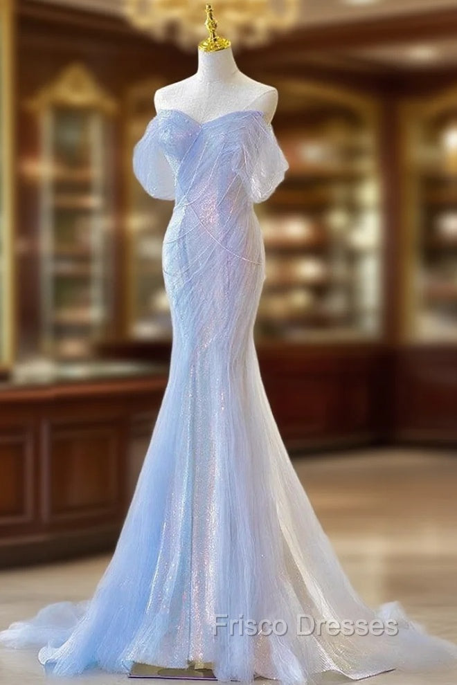 Blue Mermaid Sequins Pleats Formal Prom Dress