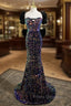 Blue Mermaid Sequins Puff Sleeve Bow Formal Prom Dress
