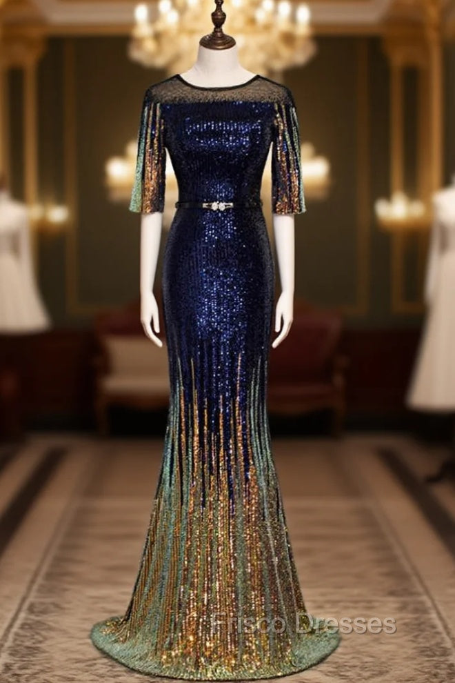 Blue Mermaid Sequins Short Sleeve Belt Formal Prom Dress Main image